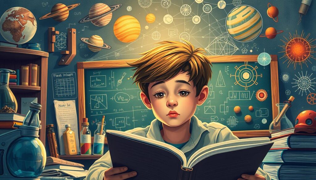 A thought-provoking illustration of scientific literacy, showcasing a vibrant scene of a young student deeply immersed in a scientific text. The foreground depicts the student, their face alight with curiosity, surrounded by an array of scientific tools and books. The middle ground features a chalkboard or whiteboard displaying scientific diagrams and equations, hinting at the intellectual discourse taking place. In the background, a world of scientific discoveries unfolds, with images of planets, microscopic organisms, and technological innovations, all connected by a web of knowledge. The lighting is soft and warm, evoking a sense of contemplation and intellectual stimulation. The overall composition conveys the essence of critical thinking and the transformative power of scientific literacy.