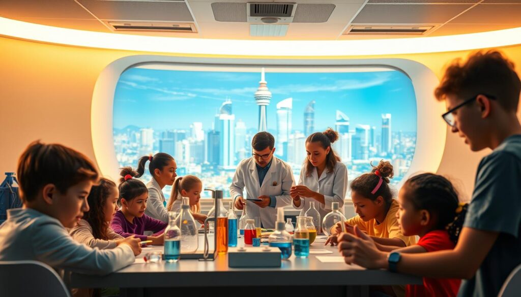 A vibrant, futuristic classroom illuminated by warm, diffused lighting. In the foreground, students of diverse backgrounds engage in hands-on science experiments, their faces alight with curiosity and discovery. In the middle ground, a teacher guides them, employing innovative teaching methods that foster critical thinking and problem-solving skills. The background features a stunning, panoramic view of a gleaming, high-tech city, symbolizing the bright future that awaits these young minds. The overall scene conveys a sense of optimism, innovation, and the boundless potential of science education to shape a better tomorrow.