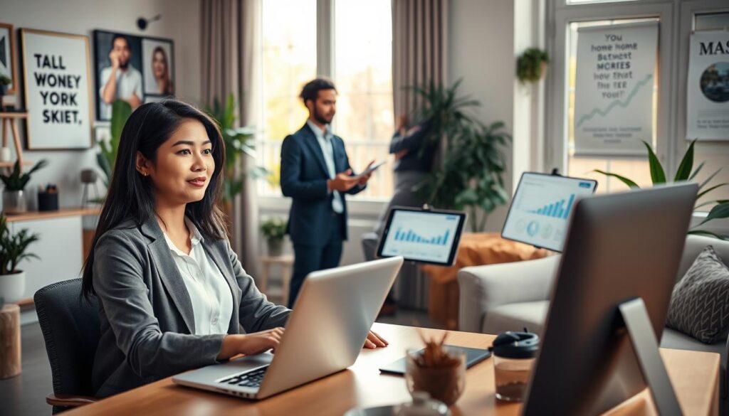 A bustling home office scene showcasing a diverse group of professionals engaged in online work. In the foreground, a woman of Asian descent, dressed in smart casual attire, sits at a modern desk with a laptop, her expression focused and inspired as she interacts with colleagues on a video call. In the middle ground, a man of African descent stands by a large window, conducting a business presentation, with graphs and charts displayed on a digital tablet. The background features cozy decor, plants, and motivational quotes on the wall, all illuminated by soft, natural light filtering through the window. The atmosphere is one of productivity and success, highlighting the potential for high earnings in remote work. The perspective is slightly angled, giving depth to the scene. A bustling home office scene showcasing a diverse group of professionals engaged in online work. In the foreground, a woman of Asian descent, dressed in smart casual attire, sits at a modern desk with a laptop, her expression focused and inspired as she interacts with colleagues on a video call. In the middle ground, a man of African descent stands by a large window, conducting a business presentation, with graphs and charts displayed on a digital tablet. The background features cozy decor, plants, and motivational quotes on the wall, all illuminated by soft, natural light filtering through the window. The atmosphere is one of productivity and success, highlighting the potential for high earnings in remote work. The perspective is slightly angled, giving depth to the scene.