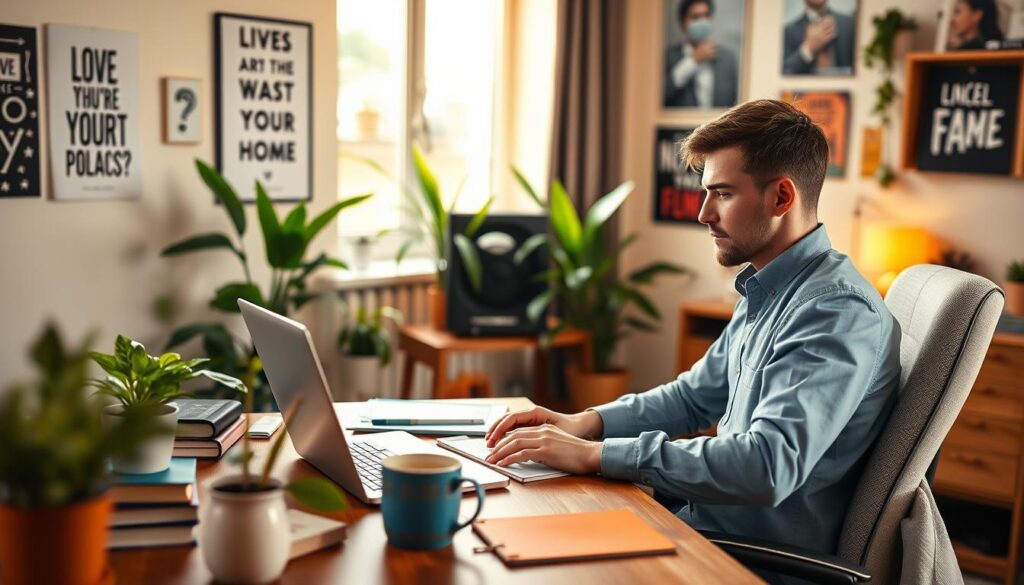 A cozy home office scene depicting a person working online, seated at a stylish desk cluttered with a laptop, notebooks, and a cup of coffee. The foreground shows a focused individual in smart casual attire, engaged in a video call. In the middle ground, surrounding the individual are motivational posters on the wall and houseplants adding a touch of green. The background features a softly lit window with natural sunlight pouring in, illuminating the space. The mood is productive yet relaxed, reflecting flexibility and comfort in working from home. Use warm lighting to create an inviting atmosphere, captured with a slight depth of field to emphasize the subject while gently blurring the background elements. A cozy home office scene depicting a person working online, seated at a stylish desk cluttered with a laptop, notebooks, and a cup of coffee. The foreground shows a focused individual in smart casual attire, engaged in a video call. In the middle ground, surrounding the individual are motivational posters on the wall and houseplants adding a touch of green. The background features a softly lit window with natural sunlight pouring in, illuminating the space. The mood is productive yet relaxed, reflecting flexibility and comfort in working from home. Use warm lighting to create an inviting atmosphere, captured with a slight depth of field to emphasize the subject while gently blurring the background elements.