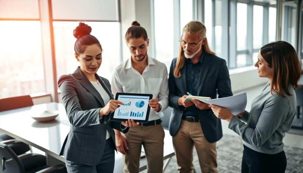A modern office setting, featuring a diverse group of four professionals engaged in a strategic business planning session. In the foreground, a confident woman in a tailored suit points at a digital tablet displaying graphs and charts, while a middle-aged man examines a document, showcasing a thoughtful expression. In the center, a young man takes notes on a notepad, and a woman in a blouse listens intently, suggesting collaboration and teamwork. The background features a sleek conference table with modern decor, large windows letting in natural light, and city views, creating an inspiring atmosphere. The scene captures a mood of focus and determination under soft, warm lighting, emphasizing the importance of effective business management strategies. A modern office setting, featuring a diverse group of four professionals engaged in a strategic business planning session. In the foreground, a confident woman in a tailored suit points at a digital tablet displaying graphs and charts, while a middle-aged man examines a document, showcasing a thoughtful expression. In the center, a young man takes notes on a notepad, and a woman in a blouse listens intently, suggesting collaboration and teamwork. The background features a sleek conference table with modern decor, large windows letting in natural light, and city views, creating an inspiring atmosphere. The scene captures a mood of focus and determination under soft, warm lighting, emphasizing the importance of effective business management strategies.