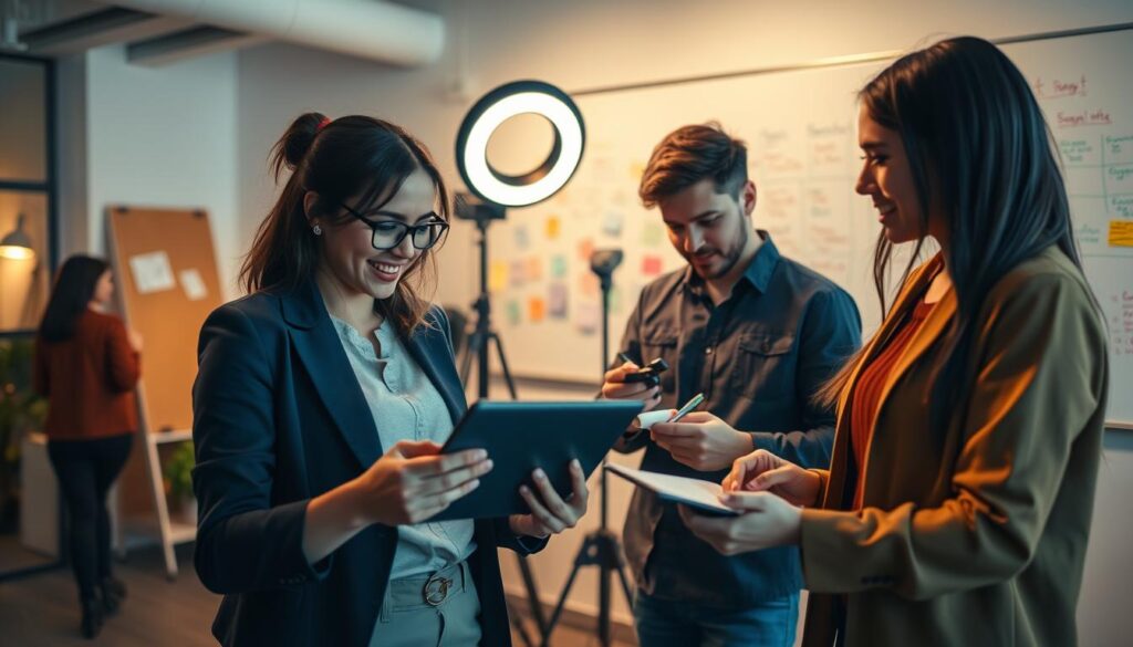 A modern workspace filled with creative energy, featuring a diverse group of young professionals, dressed in smart casual attire, collaborating on a project. In the foreground, a woman is reviewing video footage on a digital tablet with excitement, while a man beside her sketches out ideas on a notepad. In the middle ground, another team member sets up a ring light for filming, showcasing the importance of proper lighting in content production. The background reveals a whiteboard filled with color-coded notes and brainstorming ideas, emphasizing organization and strategy. The atmosphere is lively and motivational, illuminated by soft, warm lighting that enhances focus and creativity, shot from a dynamic angle to convey depth and teamwork. A modern workspace filled with creative energy, featuring a diverse group of young professionals, dressed in smart casual attire, collaborating on a project. In the foreground, a woman is reviewing video footage on a digital tablet with excitement, while a man beside her sketches out ideas on a notepad. In the middle ground, another team member sets up a ring light for filming, showcasing the importance of proper lighting in content production. The background reveals a whiteboard filled with color-coded notes and brainstorming ideas, emphasizing organization and strategy. The atmosphere is lively and motivational, illuminated by soft, warm lighting that enhances focus and creativity, shot from a dynamic angle to convey depth and teamwork.