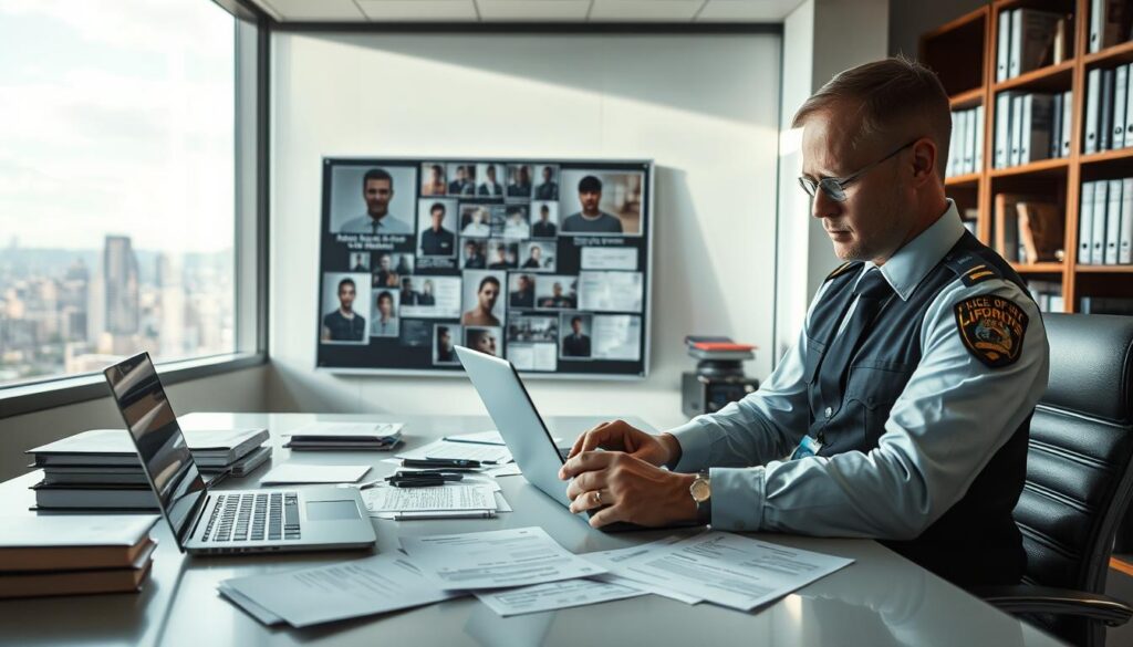 A police investigation scene focusing on an officer reviewing case files in a modern office. The foreground features a diligent police officer, dressed in formal attire, studying a laptop and scattered documents on a sleek desk. In the middle ground, a bulletin board displays photographs and details of a suspect, enhancing the investigative atmosphere. The background reveals bookshelves filled with law enforcement manuals and a window with a cityscape view under clear skies. Soft, natural lighting bathes the room, casting gentle shadows and creating a focused, serious mood. The image conveys urgency and professionalism, emphasizing the status of a suspect and the ongoing investigation without any text or distractions.