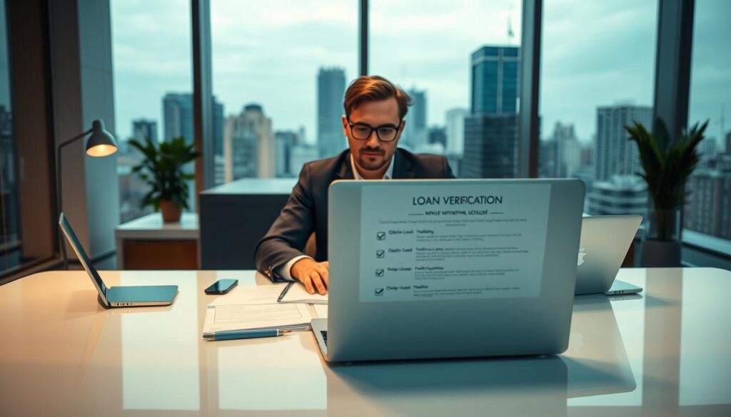 A professional individual sitting at a sleek desk surrounded by digital devices, analyzing online loan verification processes. In the foreground, a laptop displays official documents and a verification checklist, emphasizing the legitimacy of online borrowing. The middle ground features a modern office environment with soft lighting, accentuating a focused atmosphere. The background showcases a large window with a cityscape view, symbolizing the bustling finance industry. The person is dressed in business attire, exuding professionalism and confidence. The image conveys a sense of diligence and trust, ideal for illustrating the verification of online loans within a clear and engaging setting.