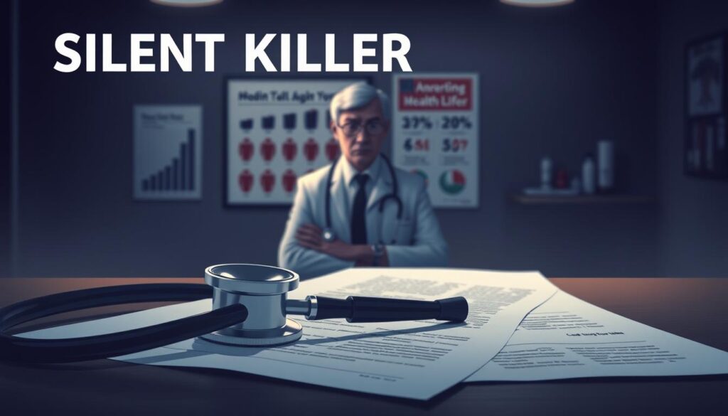 A somber and thought-provoking illustration depicting the concept of "silent killer" chronic diseases in a health context. In the foreground, a stethoscope lies on an open medical report, symbolizing the importance of routine check-ups. In the middle ground, a blurred figure of a concerned adult in professional attire looks at the report, emphasizing the emotional weight of neglecting health. The background features a dimly lit doctor's office, with a chart showing alarming health statistics on the wall, illuminated by soft overhead lighting to create a serious atmosphere. The overall mood is reflective and cautionary, highlighting the silent threat of chronic diseases and the necessity of regular health assessments.