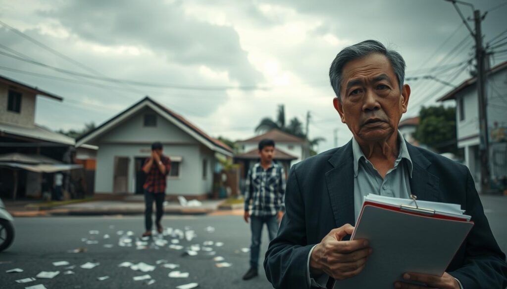 A somber scene depicting a debt collector in a tense situation in an urban Bogor setting. In the foreground, a middle-aged debt collector dressed in professional attire, looking anxious and conflicted, holding a clipboard. In the middle ground, a worried individual visibly distressed, standing near a modest house, amid scattered papers symbolizing financial struggle. The background features a gray, overcast sky, casting a dull light that enhances the feeling of unease. Street details include typical Indonesian houses and distant traffic, indicating a bustling yet tense urban environment. The overall atmosphere is heavy, reflecting the emotional weight of financial hardship and conflict, captured with a slightly blurred depth of field to emphasize the central figures.