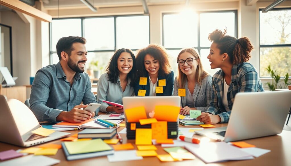 A vibrant and engaging digital workspace scene showcasing a diverse group of young content creators brainstorming viral TikTok strategies. In the foreground, a table cluttered with colorful notebooks, laptops, and brainstorming sketches. In the middle, a diverse group of three young professionals, one male and two females, animatedly discussing ideas, dressed in stylish yet professional attire. Around them, bright sticky notes filled with catchy phrases and hashtags. The background features a bright, modern office with large windows allowing warm sunlight to pour in, creating an inspiring atmosphere. Emphasize energetic facial expressions and dynamic body language, capturing a collaborative mood. The composition should be shot at a natural angle, highlighting the team’s interaction and the creativity of their workspace. A vibrant and engaging digital workspace scene showcasing a diverse group of young content creators brainstorming viral TikTok strategies. In the foreground, a table cluttered with colorful notebooks, laptops, and brainstorming sketches. In the middle, a diverse group of three young professionals, one male and two females, animatedly discussing ideas, dressed in stylish yet professional attire. Around them, bright sticky notes filled with catchy phrases and hashtags. The background features a bright, modern office with large windows allowing warm sunlight to pour in, creating an inspiring atmosphere. Emphasize energetic facial expressions and dynamic body language, capturing a collaborative mood. The composition should be shot at a natural angle, highlighting the team’s interaction and the creativity of their workspace.