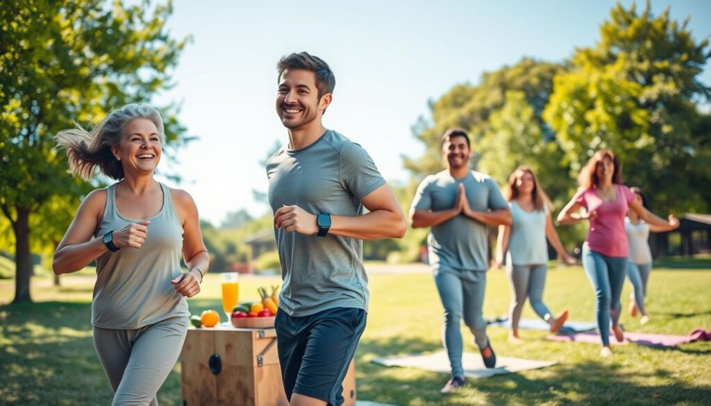 A vibrant scene displaying a diverse group of individuals engaged in healthy lifestyle activities in a sunlit park. In the foreground, a middle-aged woman is joyfully jogging with a fitness tracker on her wrist, wearing comfortable, modest athletic clothing. Next to her, a young man is preparing a fresh smoothie at a small picnic setup, surrounded by colorful fruits and vegetables. In the middle ground, a family is seen practicing yoga together on mats, encompassing various ages and backgrounds, reflecting inclusivity. The background features lush green trees and clear blue skies, enhancing the uplifting atmosphere. The lighting is warm and inviting, suggesting a bright afternoon, evoking a sense of community and wellness. The overall mood is energetic and positive, promoting the importance of integrating health checks into daily life.