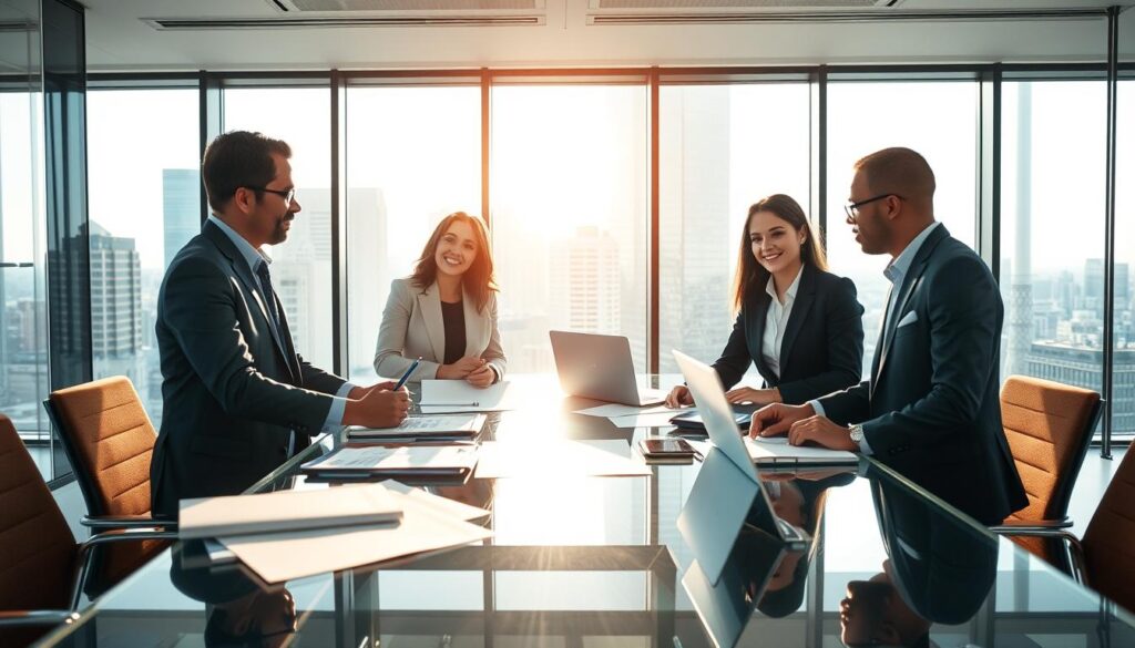 A well-organized business meeting in a modern office setting, showcasing the primary functions of business management. In the foreground, a diverse group of four professionals in business attire—two men and two women—engaged in discussion, with charts and laptops open, symbolizing strategizing and planning. In the middle ground, a glass conference table surrounded by documents and digital devices, emphasizing collaboration. The background features large windows with a city skyline view, bright sunlight streaming in, creating an inspiring and optimistic atmosphere. Soft, warm lighting enhances the welcoming environment, with a slight focus on the participants to capture their engaged expressions, promoting a sense of teamwork and productivity. A well-organized business meeting in a modern office setting, showcasing the primary functions of business management. In the foreground, a diverse group of four professionals in business attire—two men and two women—engaged in discussion, with charts and laptops open, symbolizing strategizing and planning. In the middle ground, a glass conference table surrounded by documents and digital devices, emphasizing collaboration. The background features large windows with a city skyline view, bright sunlight streaming in, creating an inspiring and optimistic atmosphere. Soft, warm lighting enhances the welcoming environment, with a slight focus on the participants to capture their engaged expressions, promoting a sense of teamwork and productivity.