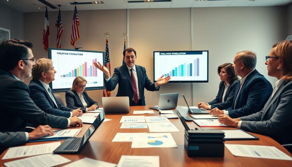 In a dynamic conference room setting, a diverse group of politicians and party leaders in professional business attire are engaged in a brainstorming session, forming a coalition. The foreground features a large round table with documents, charts, and laptops depicting strategic discussions. In the middle, a charismatic leader passionately presents ideas, gesturing toward a digital display showing graphs of voter demographics. The background shows a wall adorned with national flags and a large window letting in soft, natural light, creating a warm and hopeful atmosphere. The overall mood conveys collaboration, determination, and a sense of urgency, emphasizing the importance of unity in political action. Use a wide-angle lens to capture the entire scene, focusing on both the expressions of the leaders and the collaborative elements. In a dynamic conference room setting, a diverse group of politicians and party leaders in professional business attire are engaged in a brainstorming session, forming a coalition. The foreground features a large round table with documents, charts, and laptops depicting strategic discussions. In the middle, a charismatic leader passionately presents ideas, gesturing toward a digital display showing graphs of voter demographics. The background shows a wall adorned with national flags and a large window letting in soft, natural light, creating a warm and hopeful atmosphere. The overall mood conveys collaboration, determination, and a sense of urgency, emphasizing the importance of unity in political action. Use a wide-angle lens to capture the entire scene, focusing on both the expressions of the leaders and the collaborative elements.
