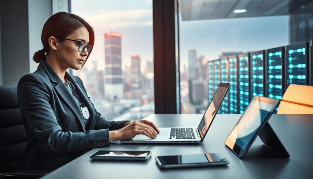 A modern office scene showcasing everyday applications of encryption in daily life. In the foreground, a professional businesswoman in smart attire sits at a sleek desk, using a laptop with a locked screen, emphasizing security. Her surroundings feature a smartphone displaying a secure messaging app and a tablet with digital payment options. In the middle ground, a window reveals a view of a bustling cityscape, filled with tech companies and digital billboards symbolizing connectivity. The background includes a subtle hint of a data center, with rows of servers emitting a cool blue glow. Soft, natural light streams in through the window, creating an inviting atmosphere. The mood is focused and secure, highlighting the importance of encryption in maintaining online safety.