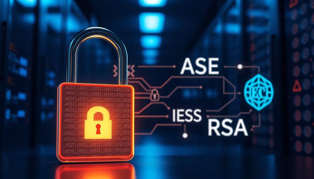 A modern, sleek depiction of various data encryption types, with a foreground showcasing a glowing padlock symbolizing security, designed in a digital style. In the middle, incorporate stylized representations of encryption algorithms like AES and RSA, visualized as flowing, interconnected lines of code and geometric shapes. The background should feature a high-tech server room with dimmed blue lighting, creating a mysterious, secure atmosphere. Use a slight tilt angle to give depth, focusing on the padlock while allowing the algorithms and server environment to fade gracefully into the background. The overall mood should evoke a sense of safety and sophistication in online security technology, ideal for illustrating the basics of data encryption.